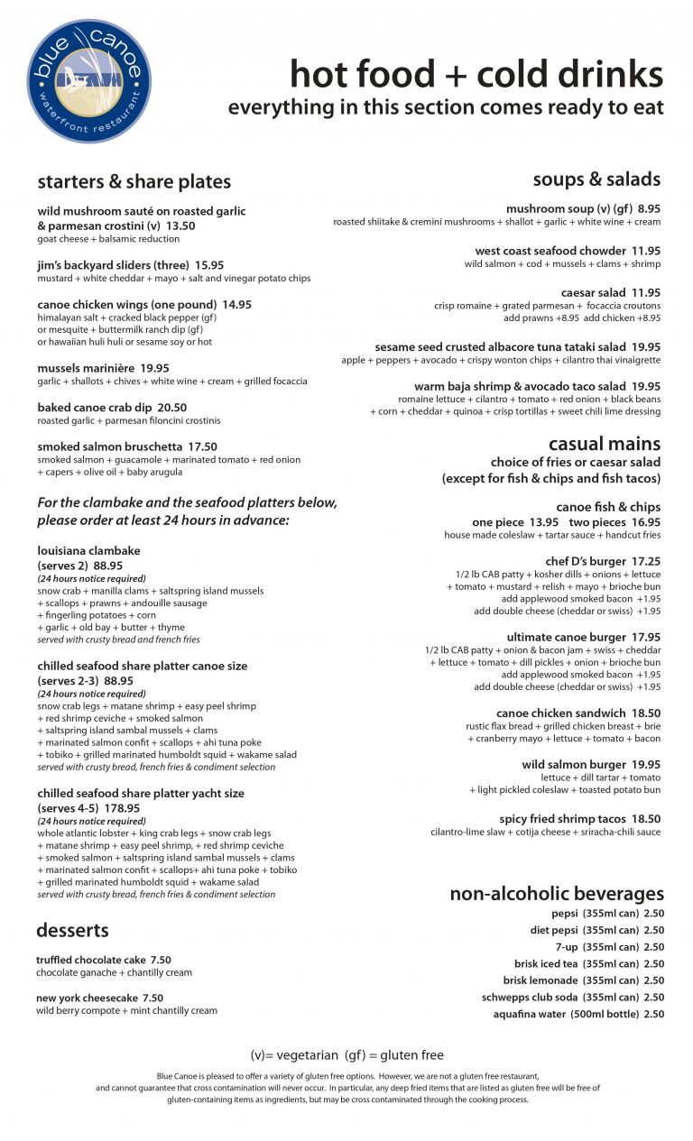 COVID19 Menu Blue Canoe Waterfront Restaurant